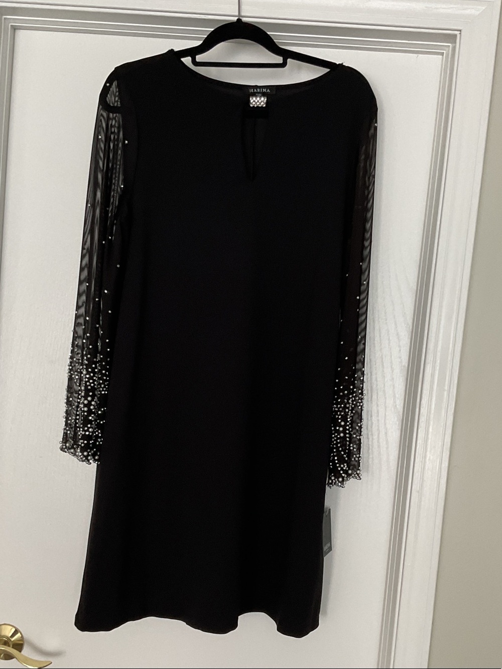 MARINA Black Long Sleeve Beaded Shift Dress